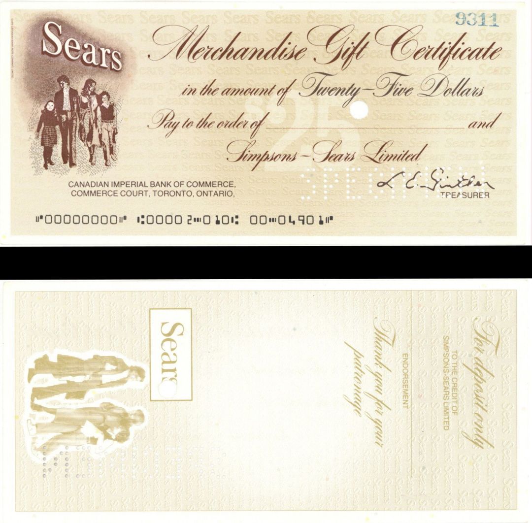 Sears Merchandise Gift Certificate - American Bank Note Company Specimen Checks