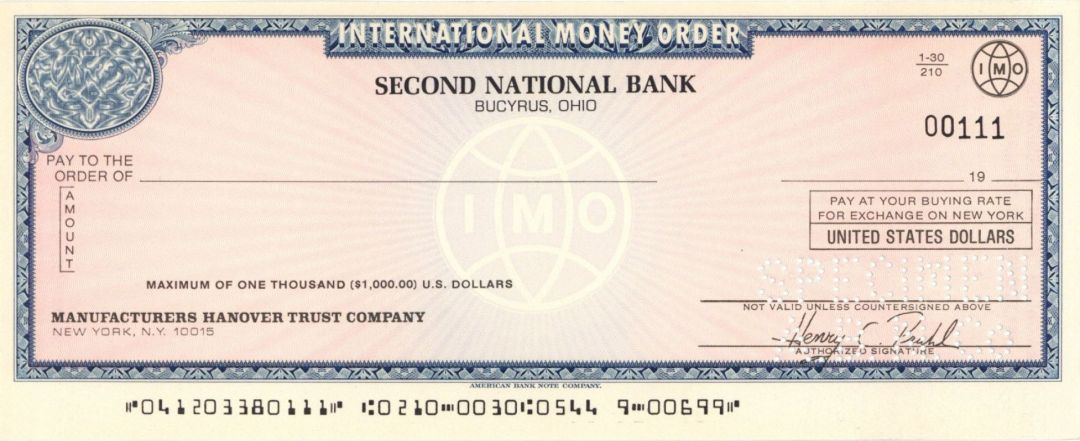 Second National Bank International Money Order - American Bank Note Company Specimen Checks