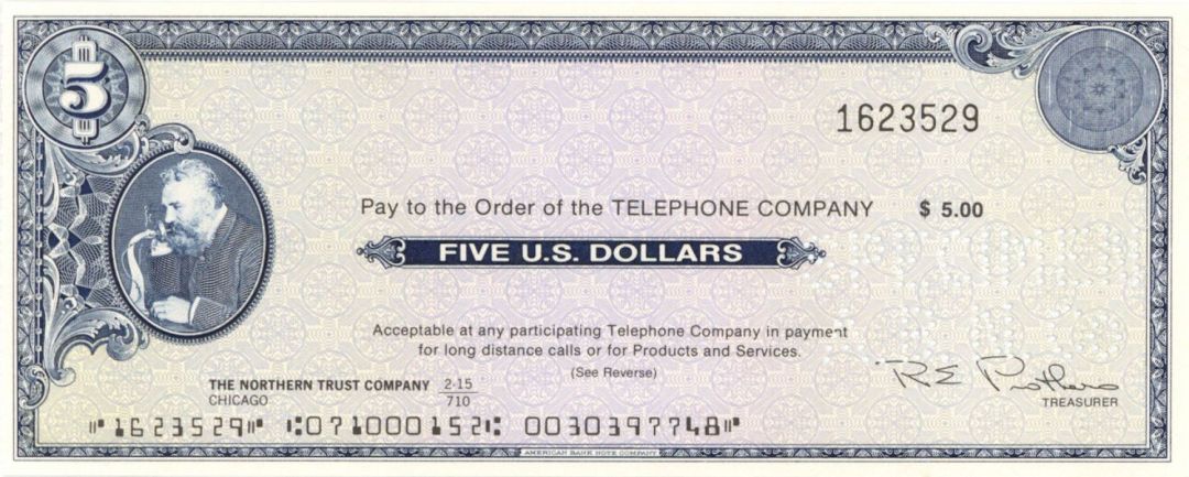 $5 Telephone Company - Alexander Graham Bell Vignette - American Bank Note Company Specimen Check