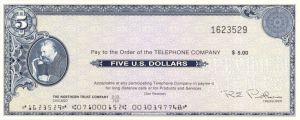 $5 Telephone Company - Alexander Graham Bell Vignette - American Bank Note Company Specimen Check
