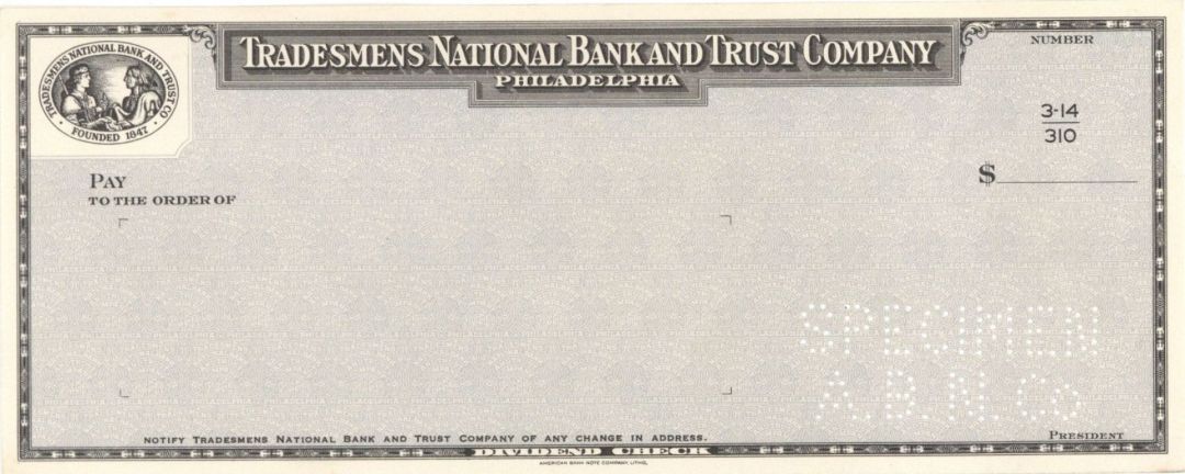 Tradesmens National Bank and Trust Co. - American Bank Note Company Specimen Checks