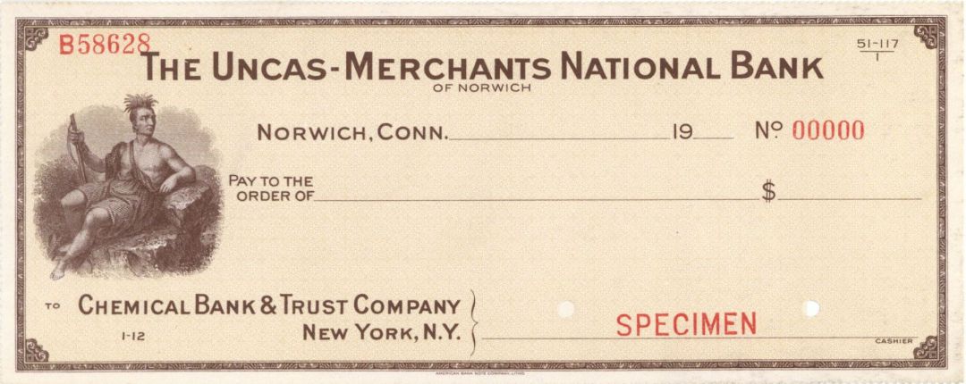 Uncas-Merchants National Bank - American Bank Note Company Specimen Checks