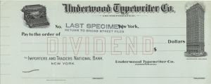 Underwood Typewriter Co. Inc. - American Bank Note Company Specimen Checks