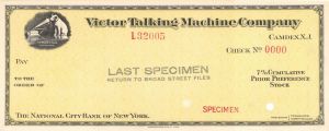 Victor Talking Machine Co. - American Bank Note Company Specimen Checks