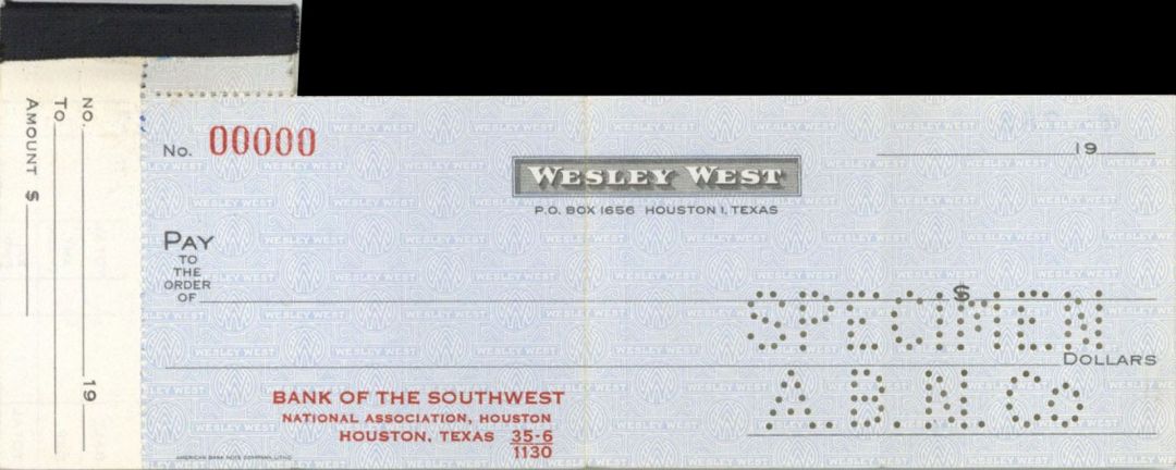 Wesley West - American Bank Note Company Specimen Checks