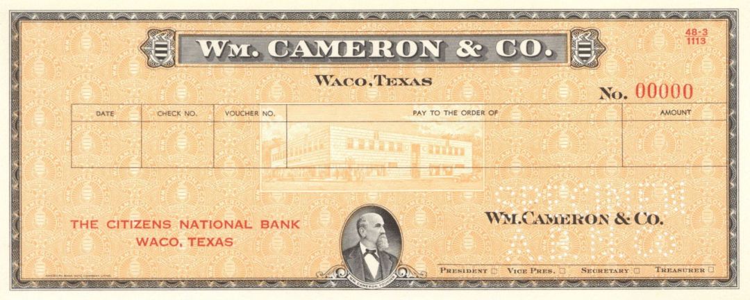 William Cameron and Co. - American Bank Note Company Specimen Checks