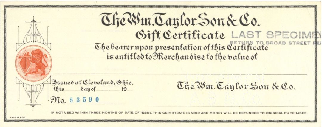 William Taylor Son and Co. - American Bank Note Company Specimen Checks