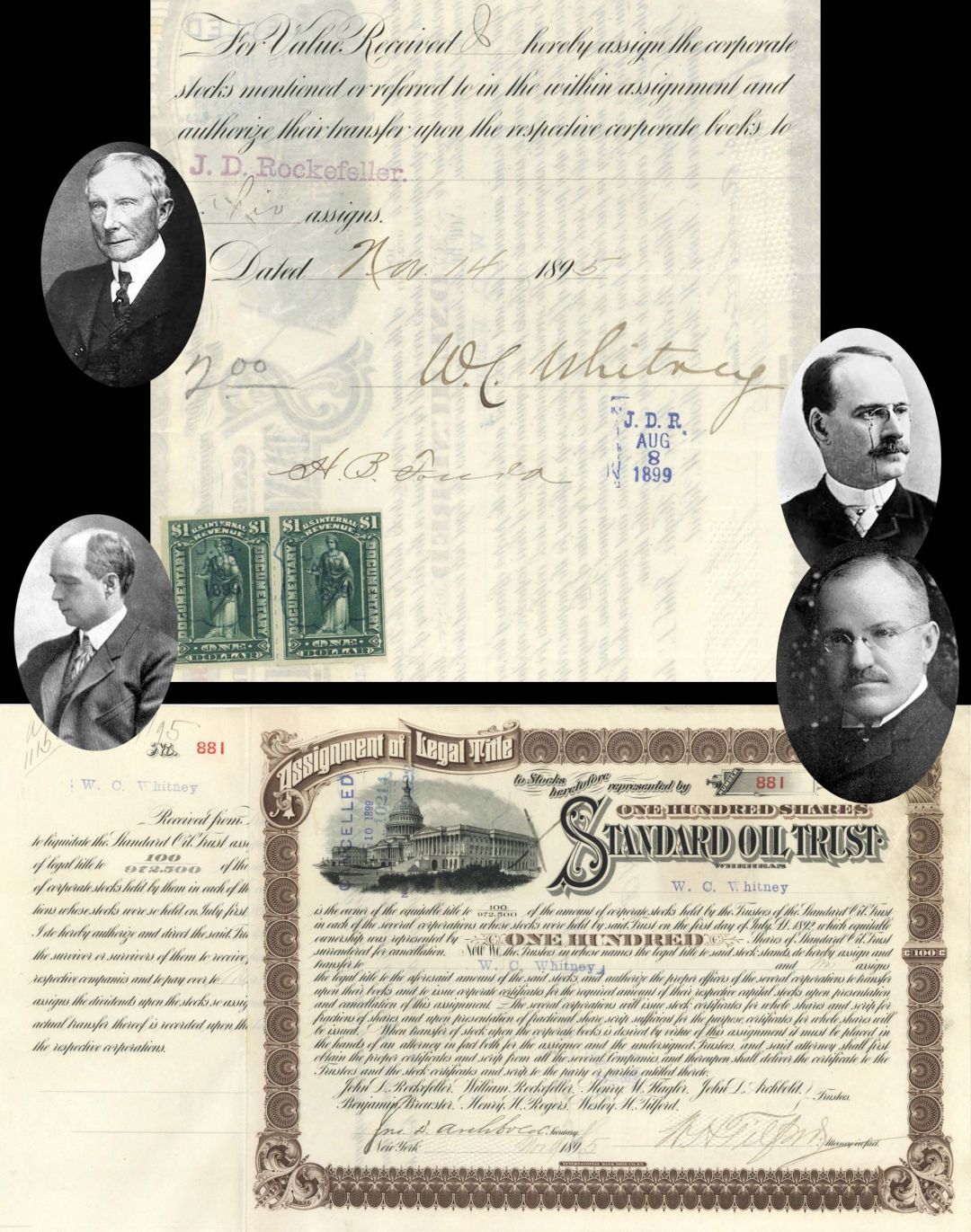 Standard Oil Trust Stock issued to W.C. Whitney and signed by John D. Archbold and Wesley H. Tilford - 1895 dated Autograph Stock Certificate