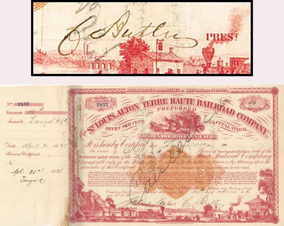 Charles Butler signed St. Louis, Alton and Terre Haute Railroad Co. - Autographed Stock Certificate