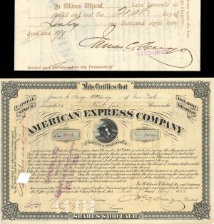 American Express Stock signed by J. C. Fargo twice & W. H. Seward, Jr. - 1896 dated Autograph Stock Certificate