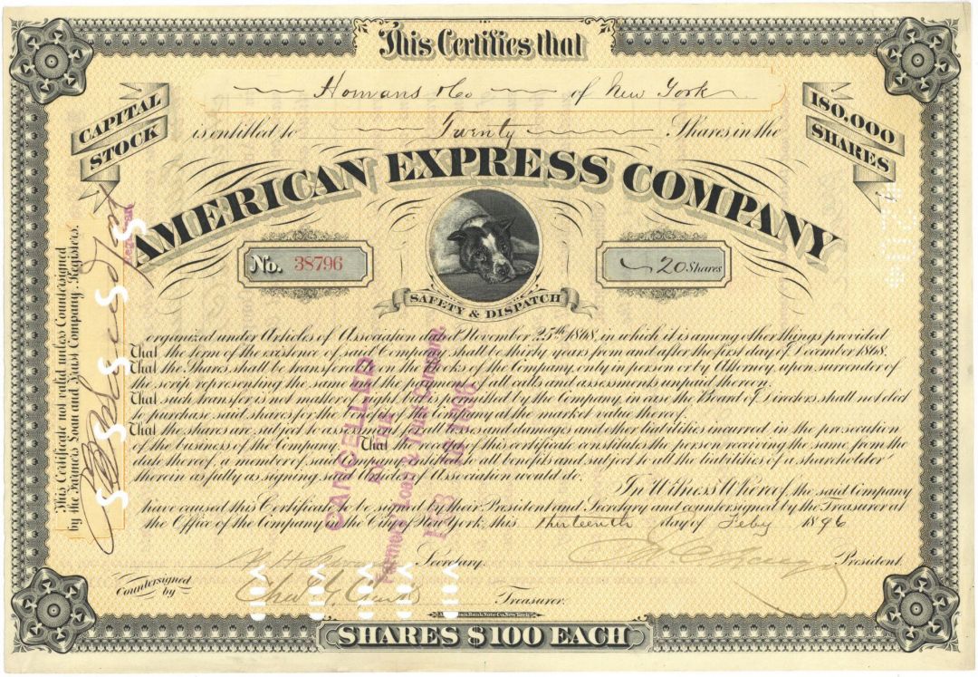 American Express Stock signed by James Congdell Fargo & William Henry Seward, Jr. - 1898 dated Autograph Stock Certificate