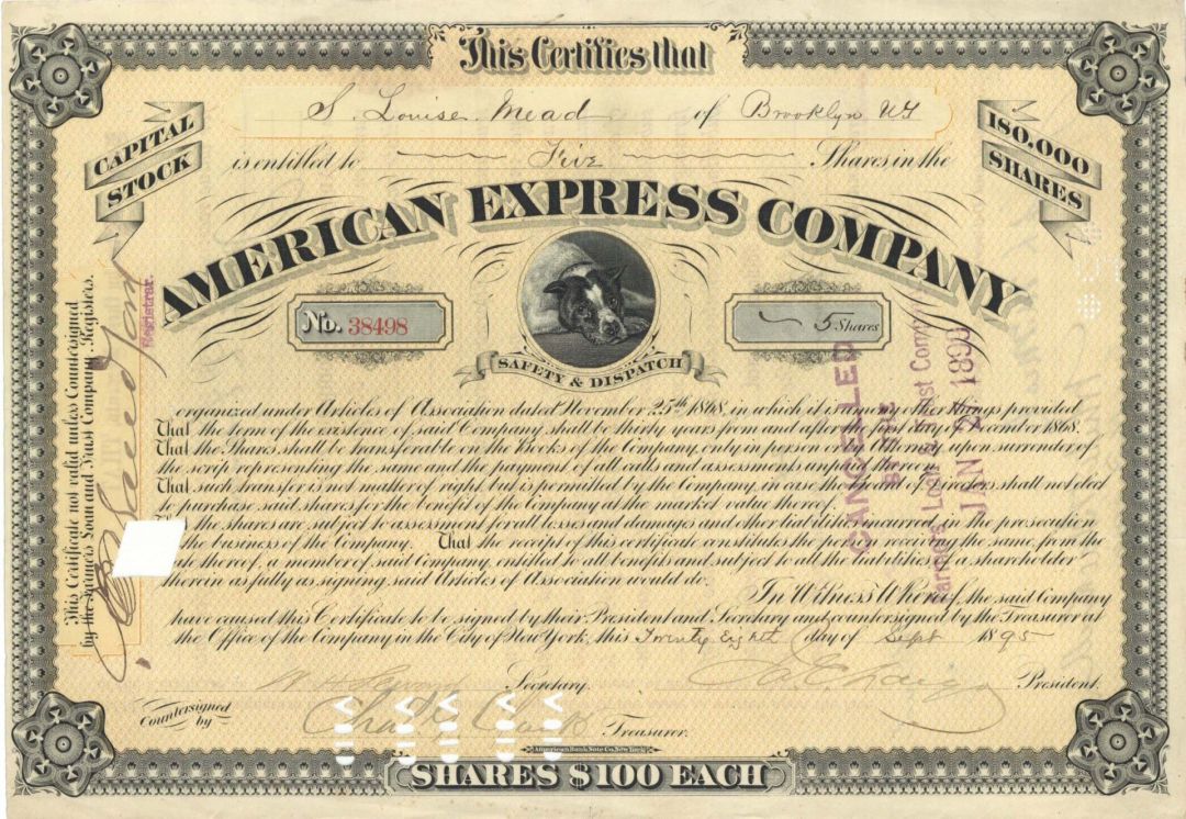 American Express Stock signed by J. C. Fargo & W. H. Seward, Jr. - 1895-1910 dated Autograph Stock Certificate