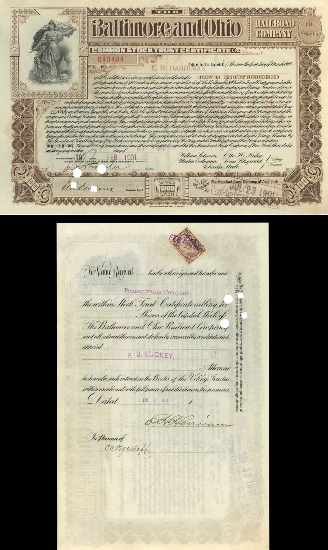 Baltimore and Ohio Railroad Issued to and Signed by E.H. Harriman - Stock Certificate