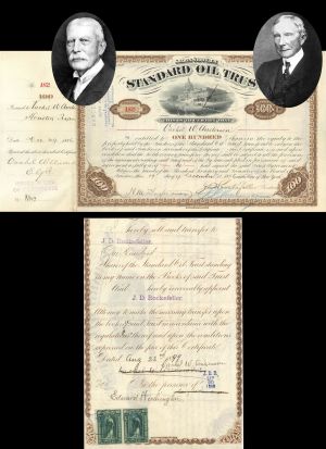 Standard Oil Trust signed by and transferred to J. D. Rockefeller,  H. M. Flagler and J. F. Freeman- 1886 and 1887 dated Autograph Stock Certificate