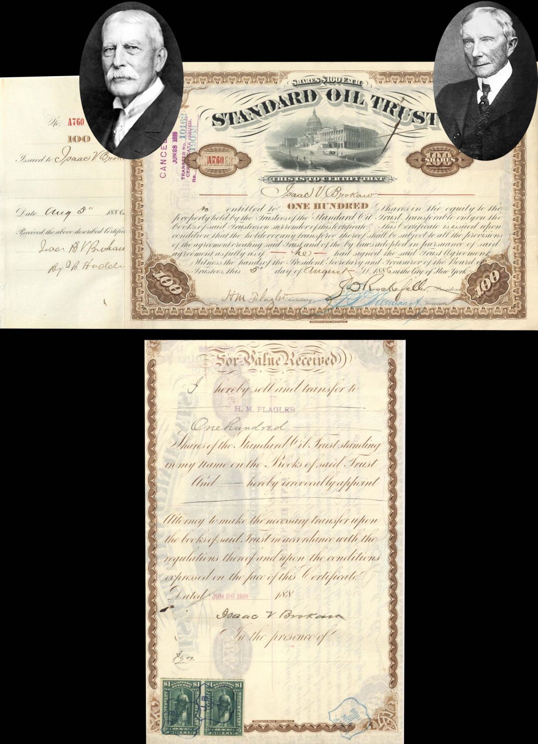 Standard Oil Trust signed by J. D. Rockefeller, J. F. Freeman and transferred and signed by H.M. Flagler - 1886 -1889 dated Autograph Stock Certificate