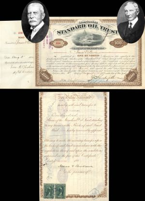 Standard Oil Trust signed by J. D. Rockefeller, J. F. Freeman and transferred and signed by H.M. Flagler - 1886 -1889 dated Autograph Stock Certificate