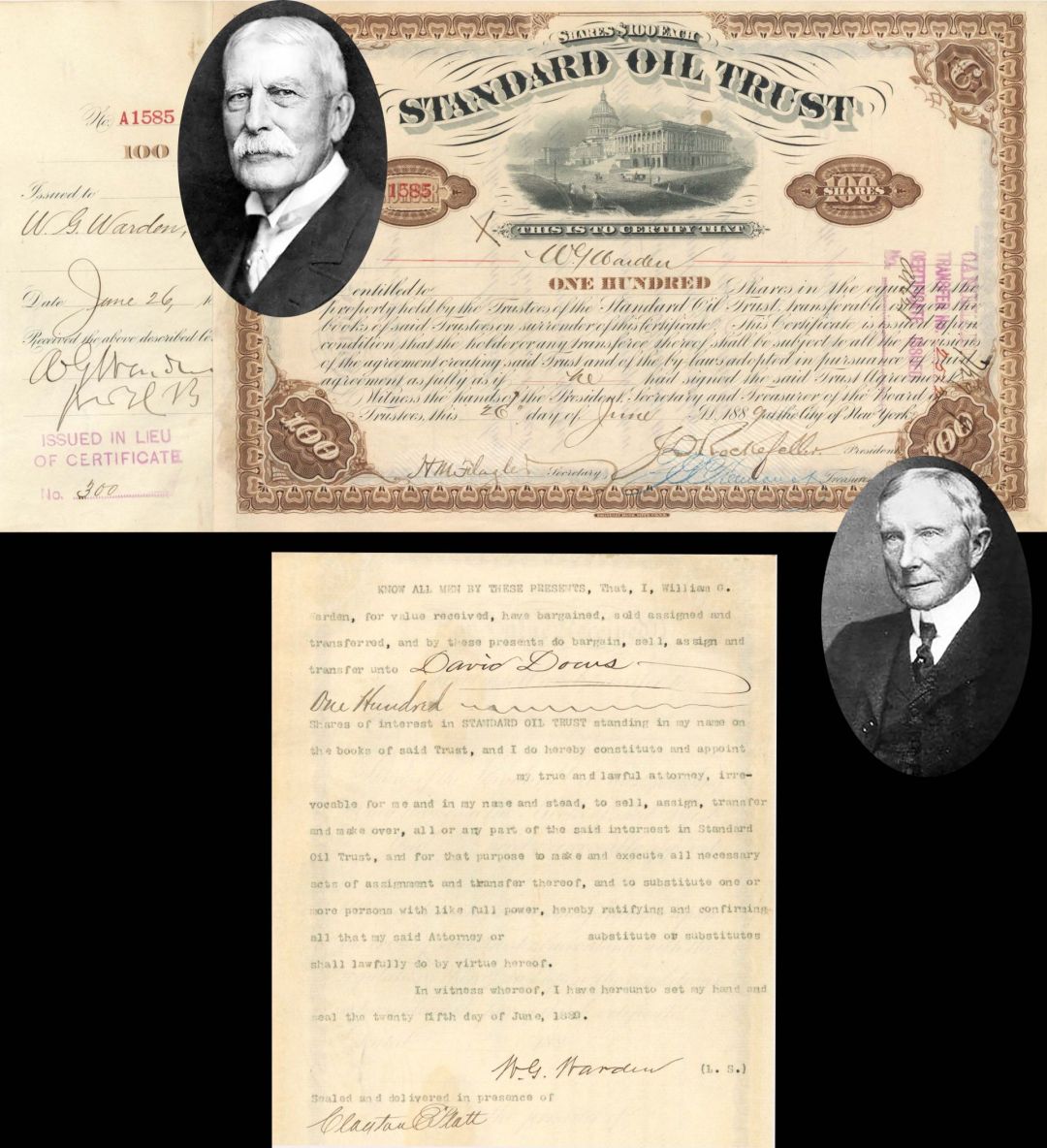 Standard Oil Trust signed by J. D. Rockefeller, J. F. Freeman and  H.M. Flagler and issued to and signed by W.G. Warden - 1889 dated Autograph Stock Certificate