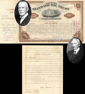 Standard Oil Trust signed by J. D. Rockefeller, J. F. Freeman and  H.M. Flagler and issued to and signed by W.G. Warden - 1889 dated Autograph Stock Certificate