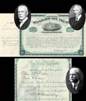 Standard Oil Trust signed by J. D. Rockefeller, J. F. Freeman, H.M. Flagler and W.H. Beardsley - 1887 and 1888 dated Autograph Stock Certificate