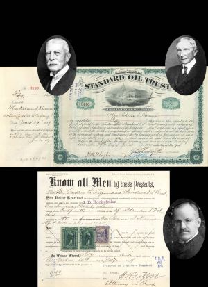 Standard Oil Trust signed by J. D. Rockefeller, J. F. Freeman, H.M. Flagler and W.H. Tilford - 1887 and 1899 dated Autograph Stock Certificate