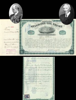 Standard Oil Trust signed by J. D. Rockefeller, J. F. Freeman and Jno. D. Archbold - 1887 and 1899 dated Autograph Stock Certificate