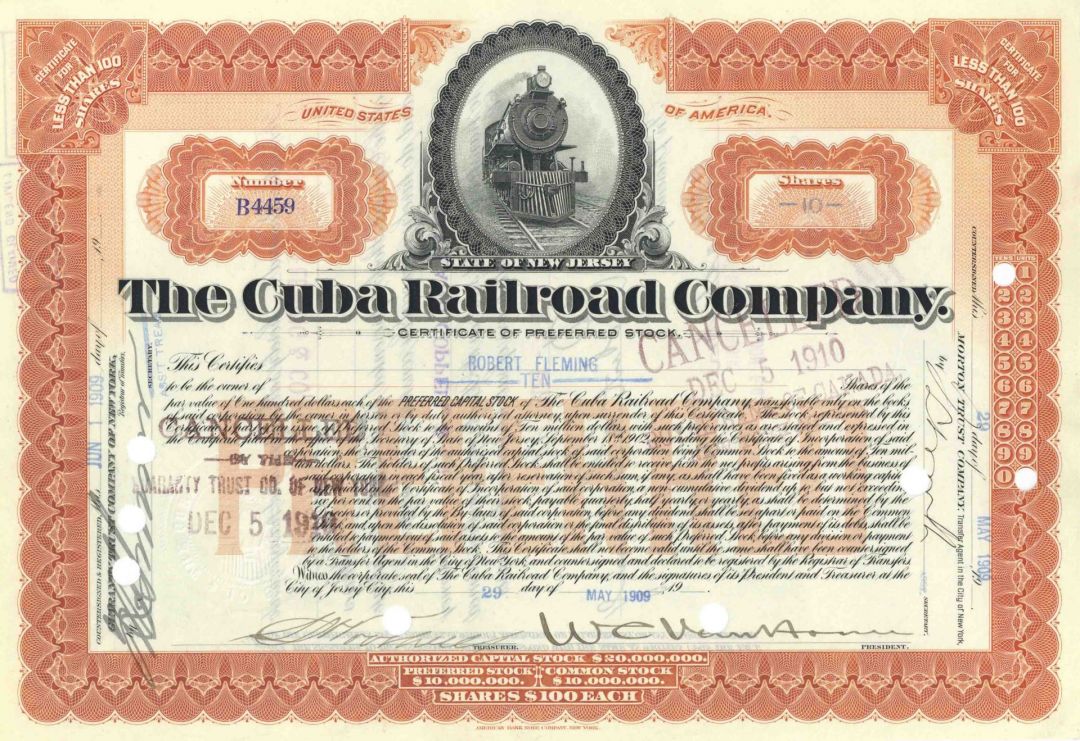 William Cornelius Van Horne signed Cuba Railroad Co - 1909-1915 dated Autograph Railway Stock Certificate