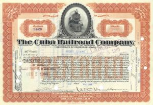 William Cornelius Van Horne signed Cuba Railroad Co - 1909-1915 dated Autograph Railway Stock Certificate