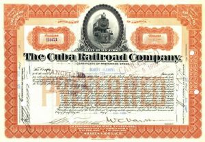 William Cornelius Van Horne signed Cuba Railroad Co - Autograph Stock Certificate