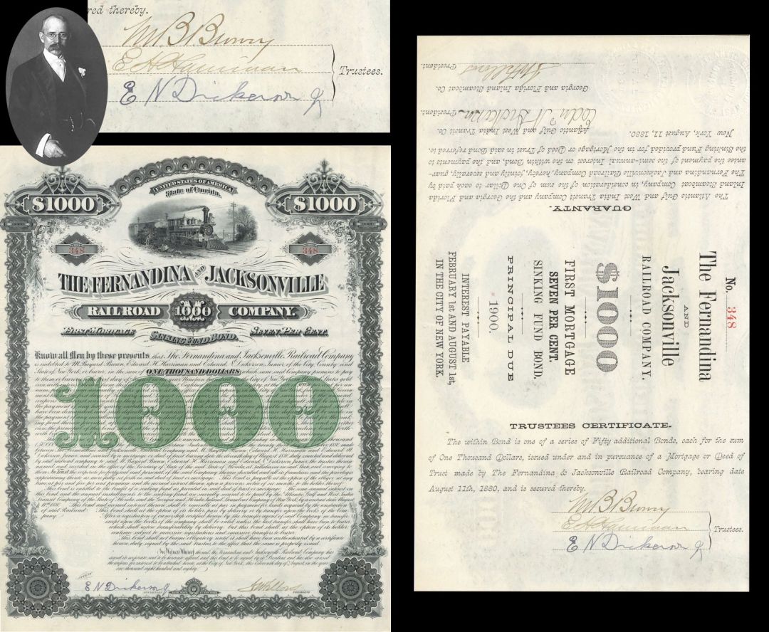 Fernandina and Jacksonville Railroad Bond signed by Edward H. Harriman - 1880 dated Autograph Florida Railway Bond (Uncanceled)