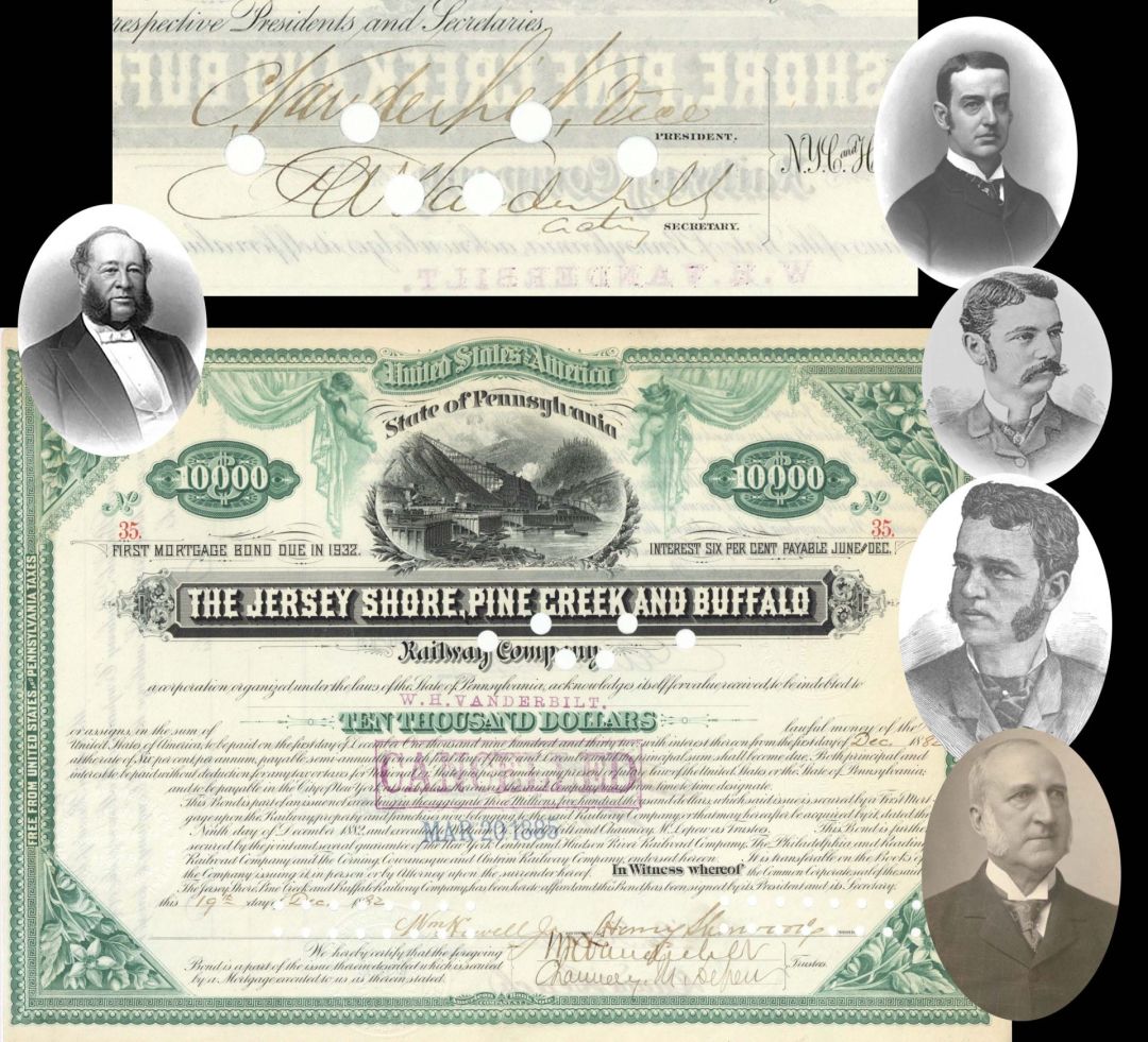 The Jersey Shore, Pine Creek and Buffalo Railway Co. Issued to W.H. Vanderbilt and signed by William K. Vanderbilt, Cornelius Vanderbilt, Frederick Vanderbilt, and Chauncey Depew- 1882 dated Autograph Bond 
