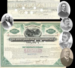 The Jersey Shore, Pine Creek and Buffalo Railway Co. Issued to W.H. Vanderbilt and signed by William K. Vanderbilt, Cornelius Vanderbilt, Frederick Vanderbilt, and Chauncey Depew- 1882 dated Autograph Bond 