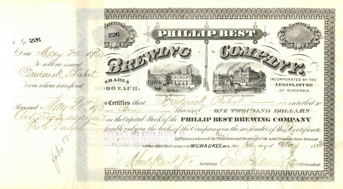 Frederick Pabst and Charles Best signed Philip Best Brewing Co - Stock Certificate