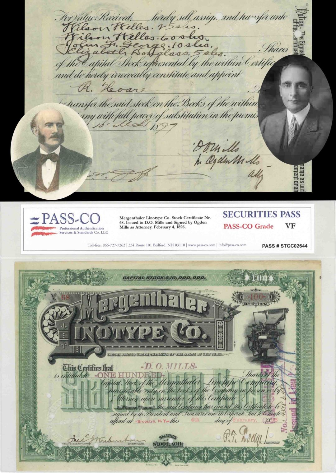 Mergenthaler Linotype Co. Issued to D.O. Mills and Signed by Ogden Mills- 1896 and 1897 dated Autographed PASS-CO Authenticated Stock Certificate