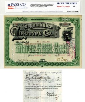 Mergenthaler Linotype Co. Issued to D.O. Mills and Signed by Ogden Mills- Stock Certificate