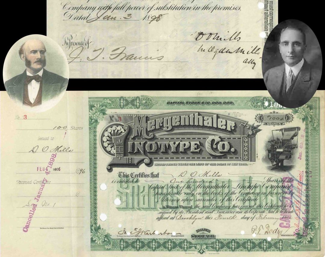 Mergenthaler Linotype Co. Issued to D.O. Mills and signed by Ogden Mills- 1896-1898 dated Autographed Stock Certificate