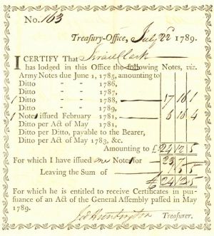 1789-90 dated Jedediah Huntington signed Treasury Office Exchange of Notes - - Connecticut - American Revolutionary War