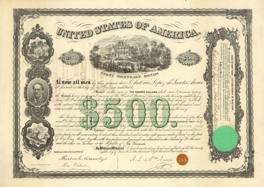 Santa Anna Bond dated 1866 signed by Antonio Lopez de Santa Anna - Very Historic Autograph Uncanceled Bond