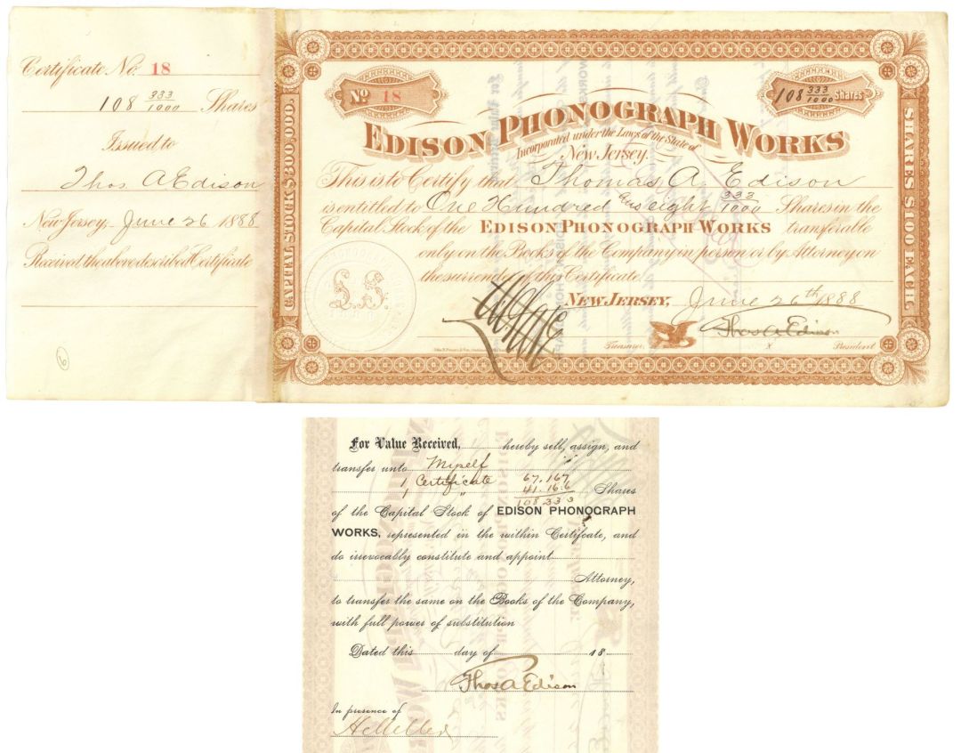 Double signed Thomas A. Edison on the Edison Phonograph Works - 1888 dated Autograph Stock Certificate - Signed Once at Front and Once at Back