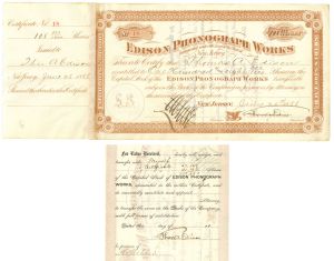 Double signed Thomas A. Edison on the Edison Phonograph Works - 1888 dated Autograph Stock Certificate - Signed Once at Front and Once at Back