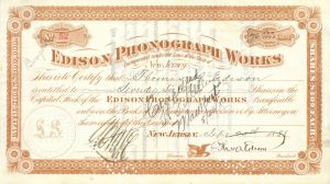 Thomas A. Edison issued to and signed Twice - Edison Phonograph Works - Autograph Stock Certificate