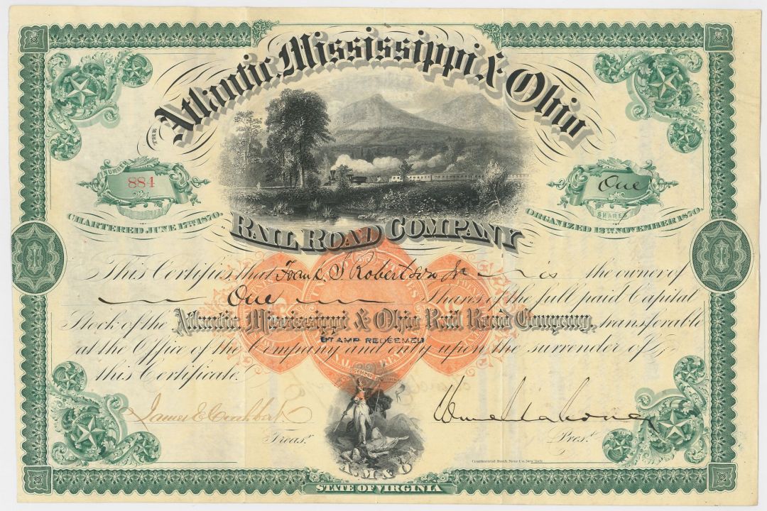 General William Mahone signed Atlantic Mississippi and Ohio Railroad Co. - Autograph Railway Stock Certificate (Uncanceled)