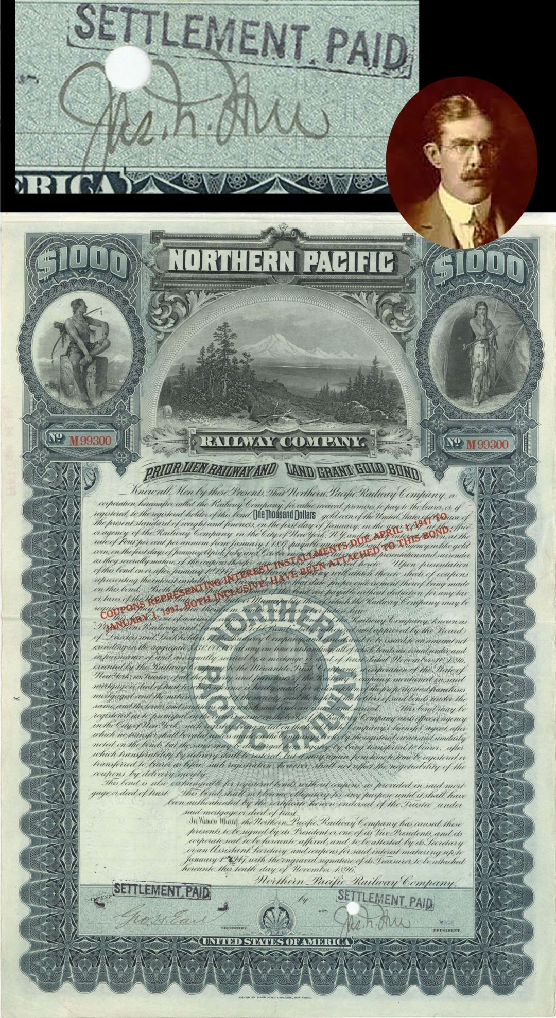 Northern Pacific Railway Co. Signed by James N. Hill, son of Legendary Railroad Tycoon James Jerome Hill - $1,000 Autographed Gold Bond