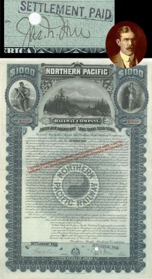 Northern Pacific Railway Co. Signed by James N. Hill, son of Legendary Railroad Tycoon James Jerome Hill - $1,000 Autographed Gold Bond