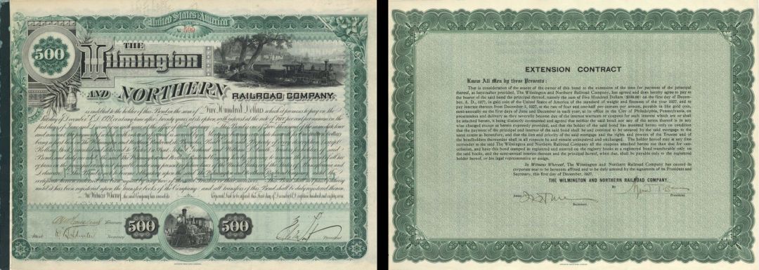 Wilmington and Northern Railroad Co. Signed by H.A. duPont - 1887 dated $500 Autographed Bond