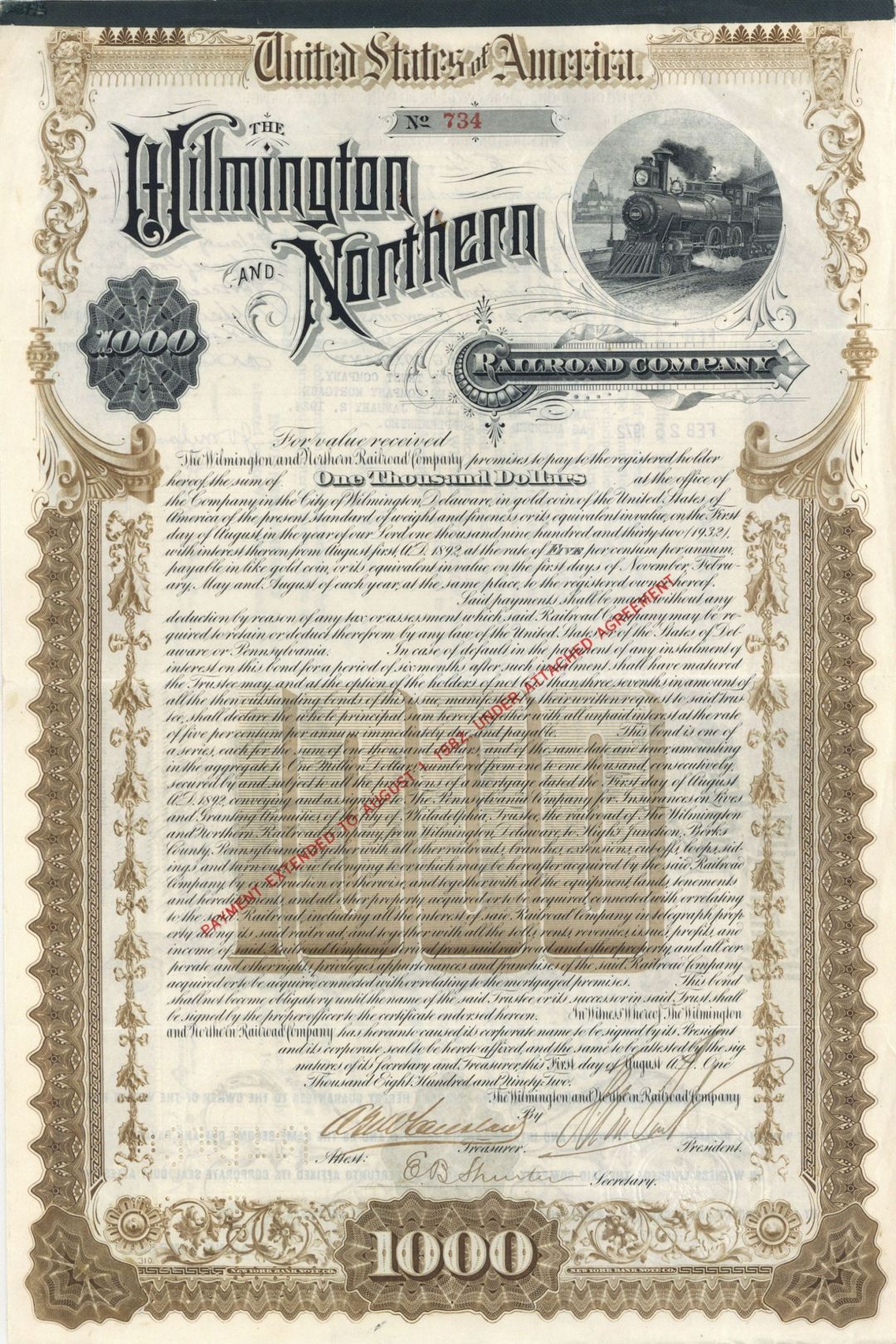 Wilmington and Northern Railroad Co. signed by Henry Algernon du Pont - 1892 dated Autographed $1,000 Gold Bond 