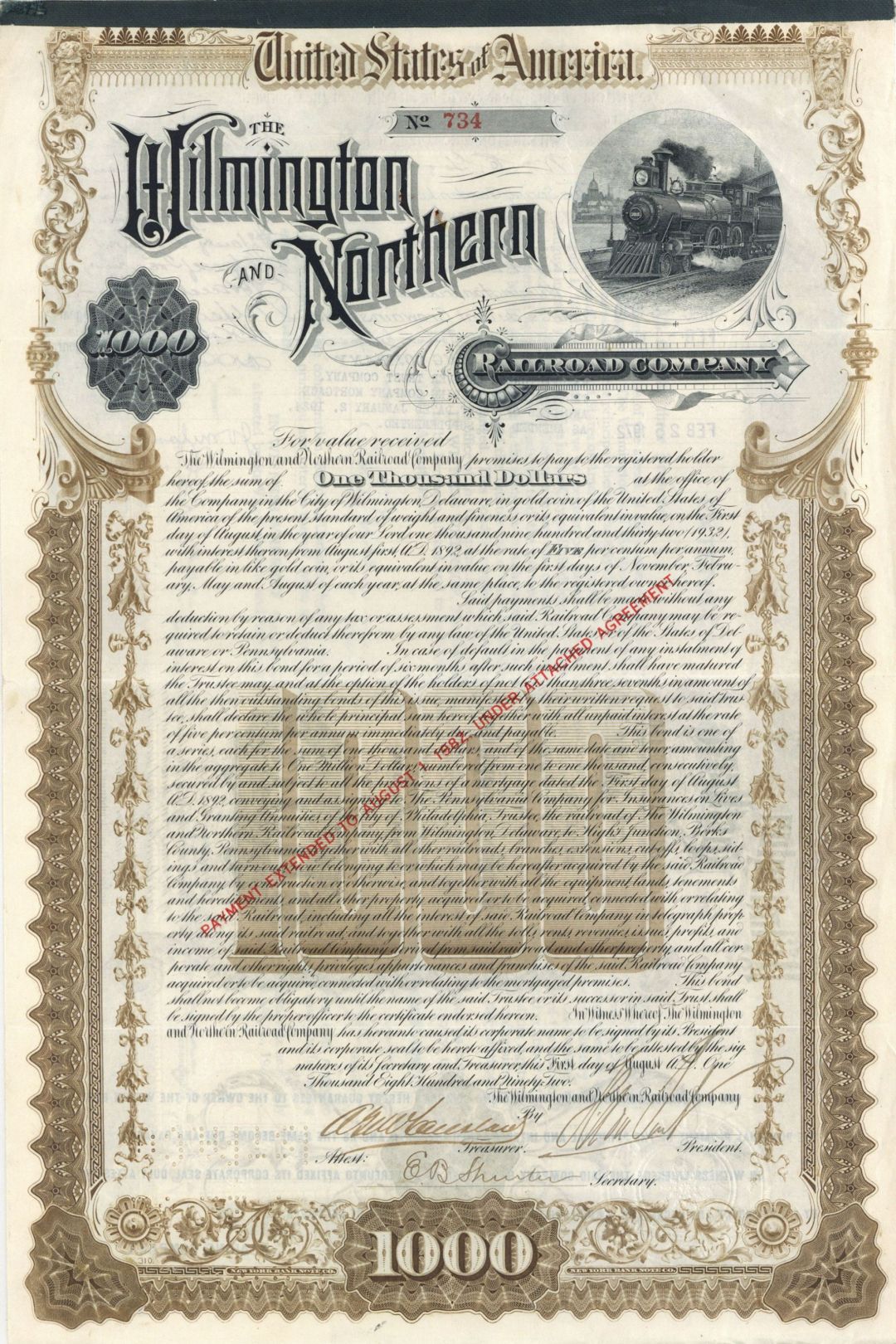 Wilmington and Northern Railroad Co. $1,000 Gold Bond signed by Henry Algernon du Pont