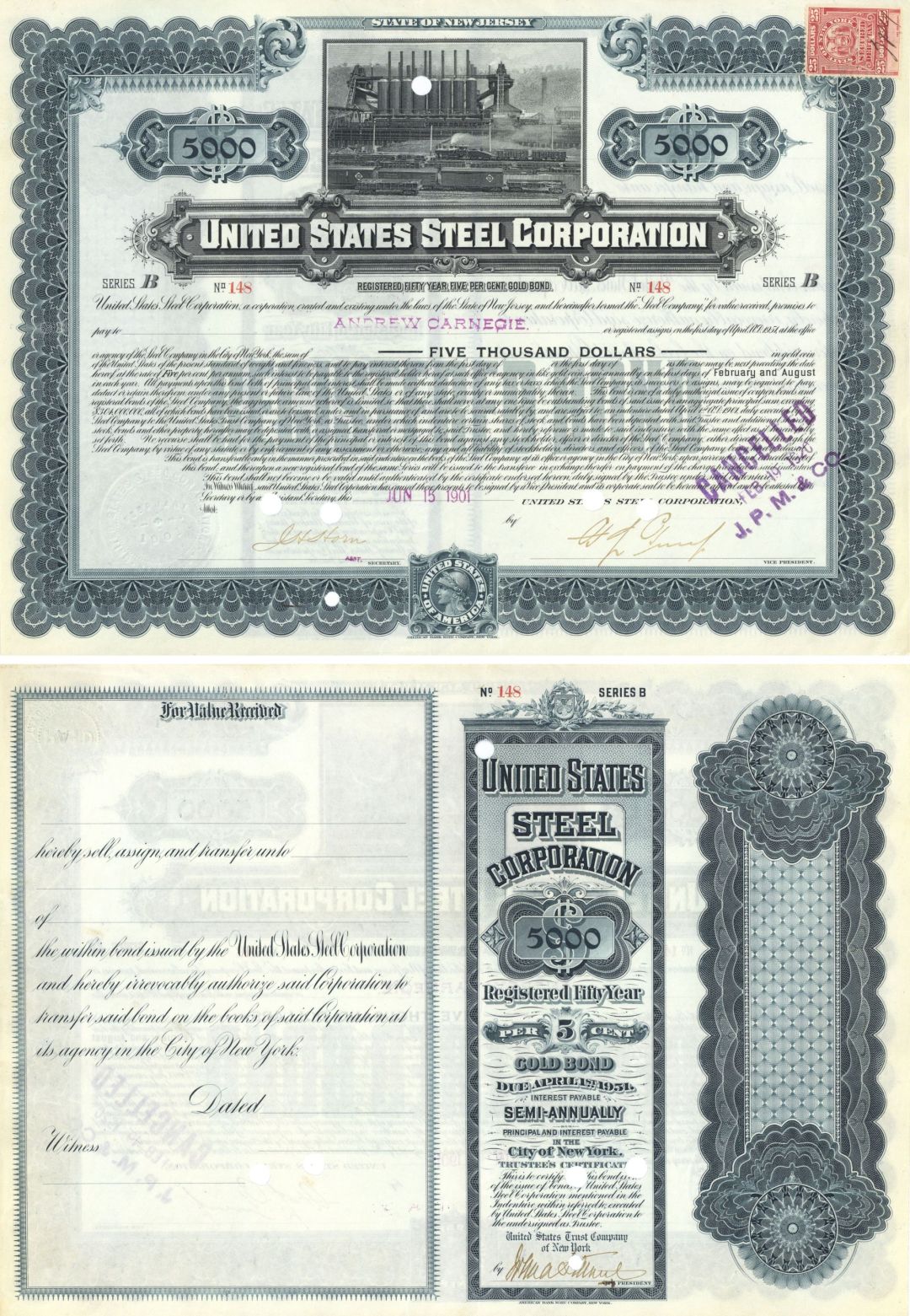 United States Steel Corp $5,000 Gold Bond Issued to Andrew Carnegie - 1901 dated Steel Bond - Spectacular Piece of History