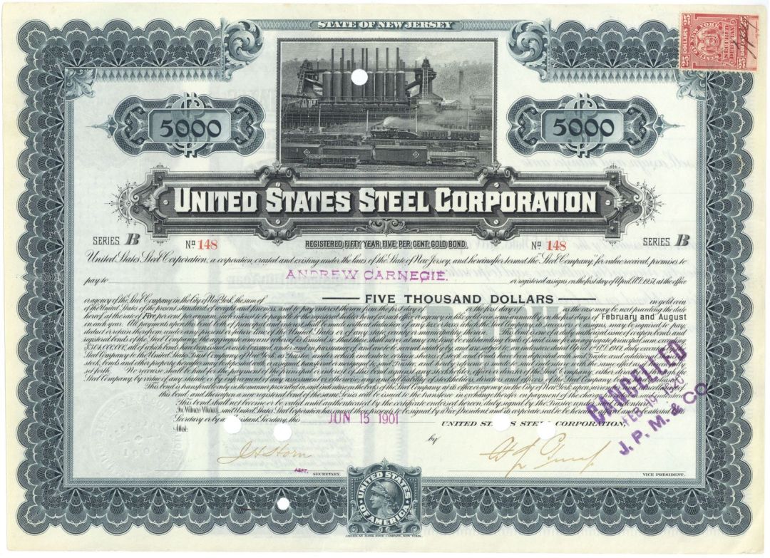United States Steel Corp $5,000 Gold Bond Issued to Andrew Carnegie - 1901 dated Steel Bond - Spectacular Piece of History