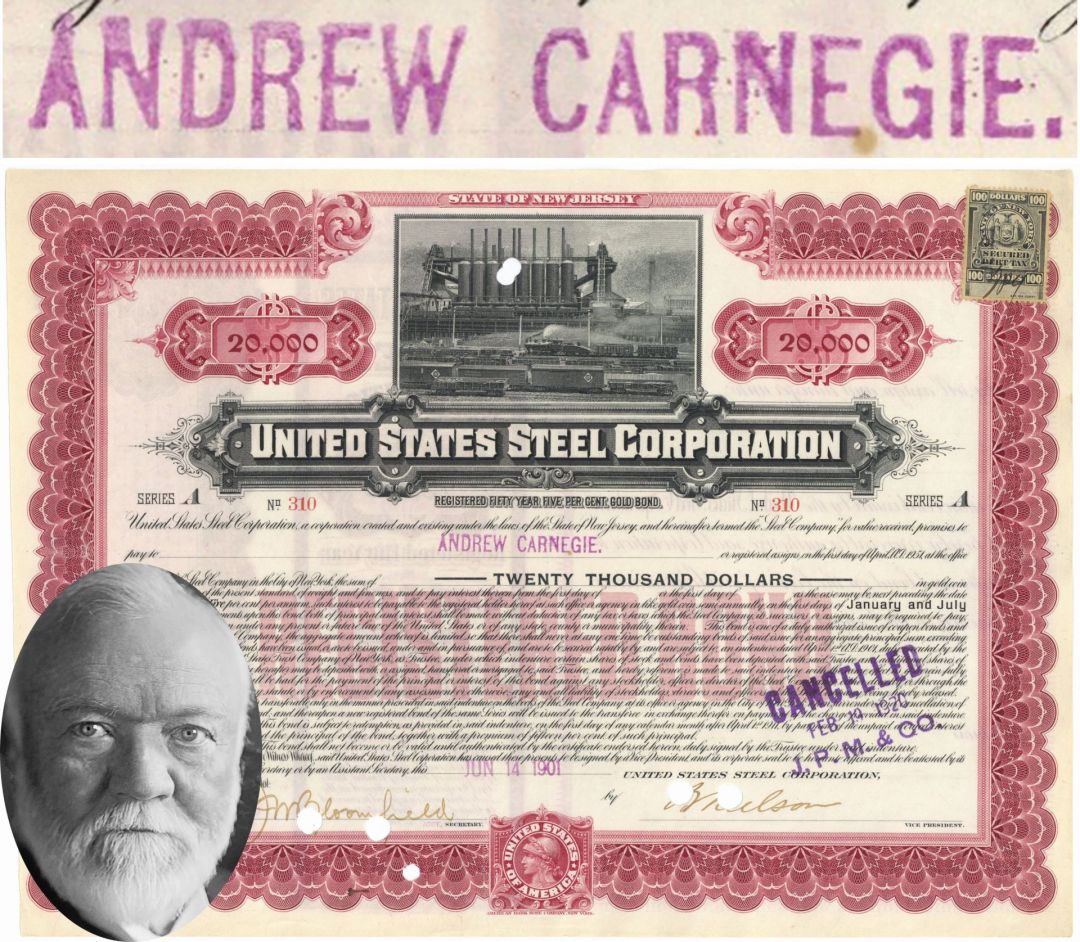 United States Steel Corporation $100,000 Gold Bond Issued to Andrew Carnegie - 1903 dated Cranberry Color U.S. Steel Bond