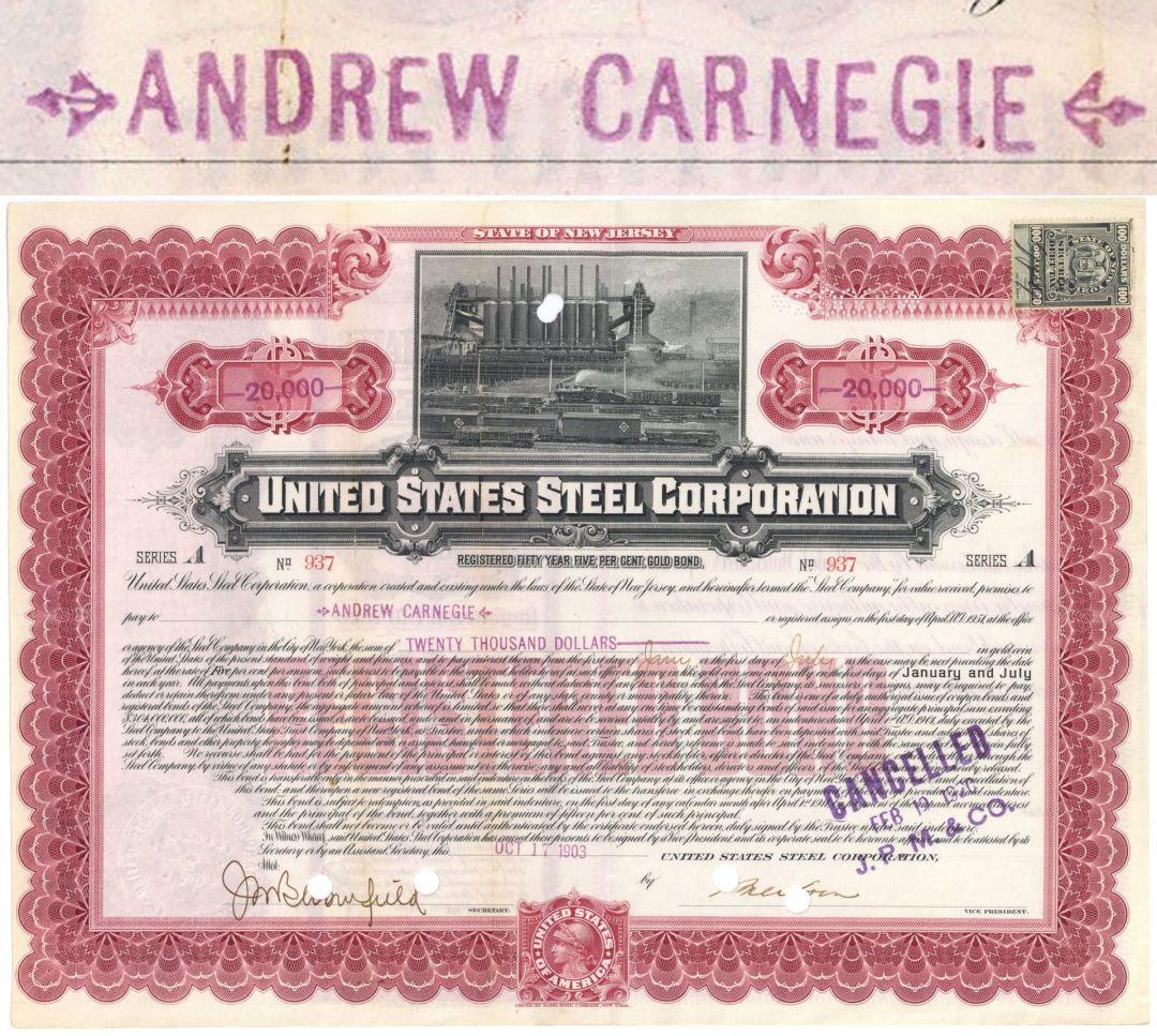 United States Steel Corporation $100,000 Gold Bond Issued to Andrew Carnegie - 1903 dated Cranberry Color Steel Bond